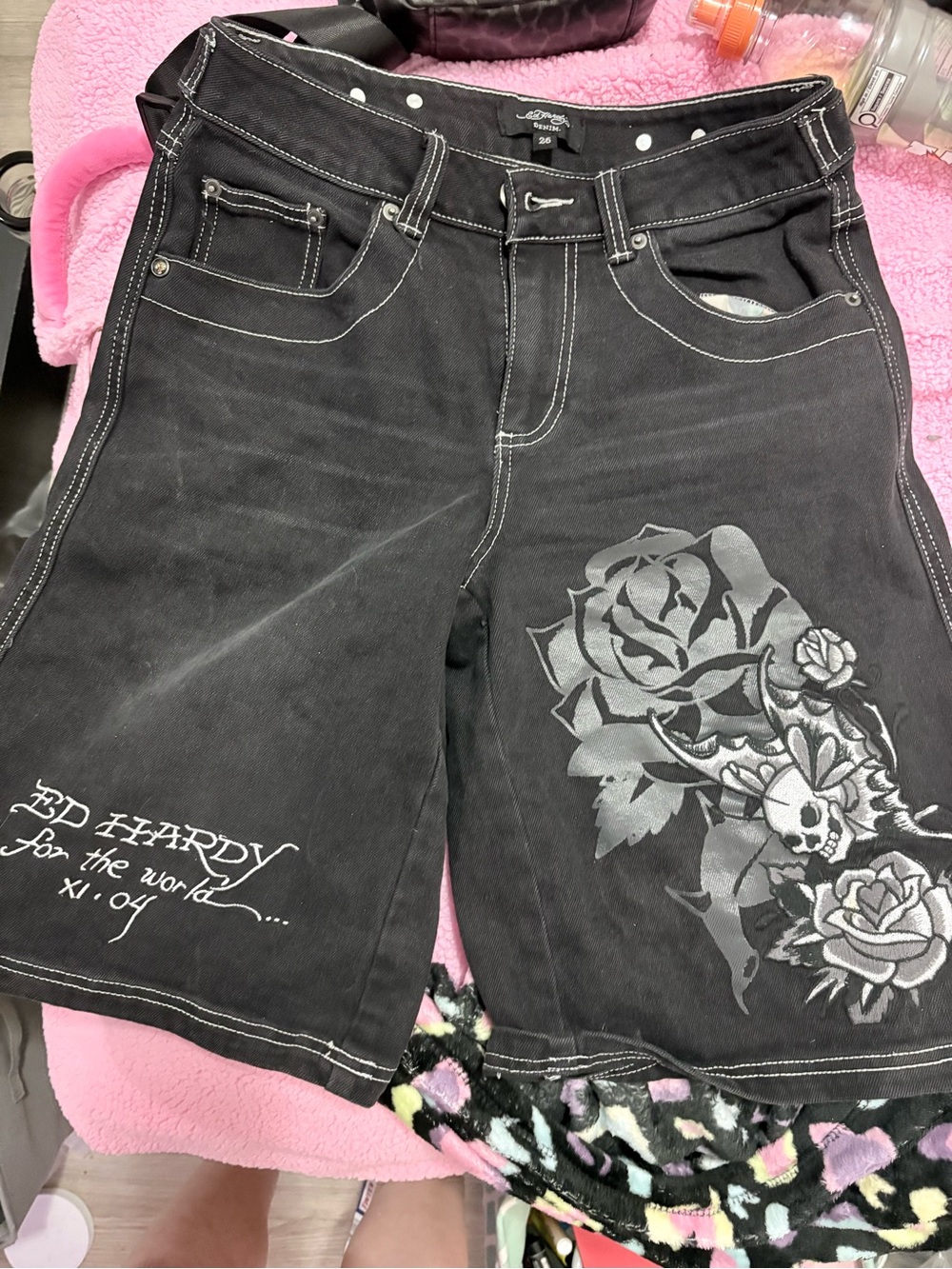 Ed Hardy Black Floral Skull Denim Bermuda Shorts